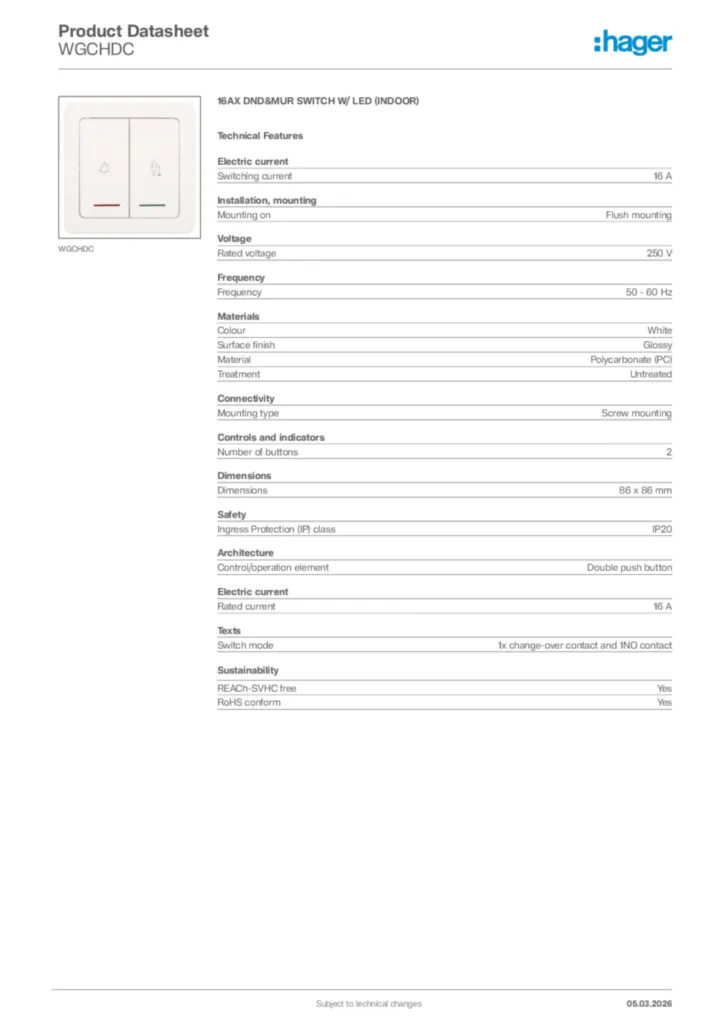 Image Hager Product data sheet WGCHDC  | Hager