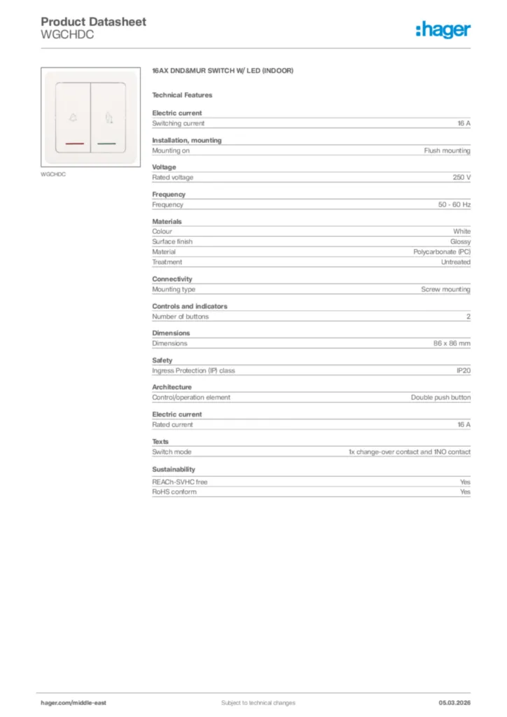 Image Hager Product data sheet WGCHDC  | Hager