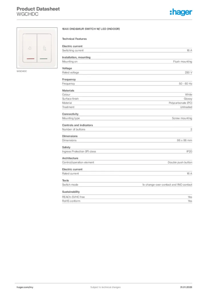 Image Hager Product data sheet WGCHDC  | Hager