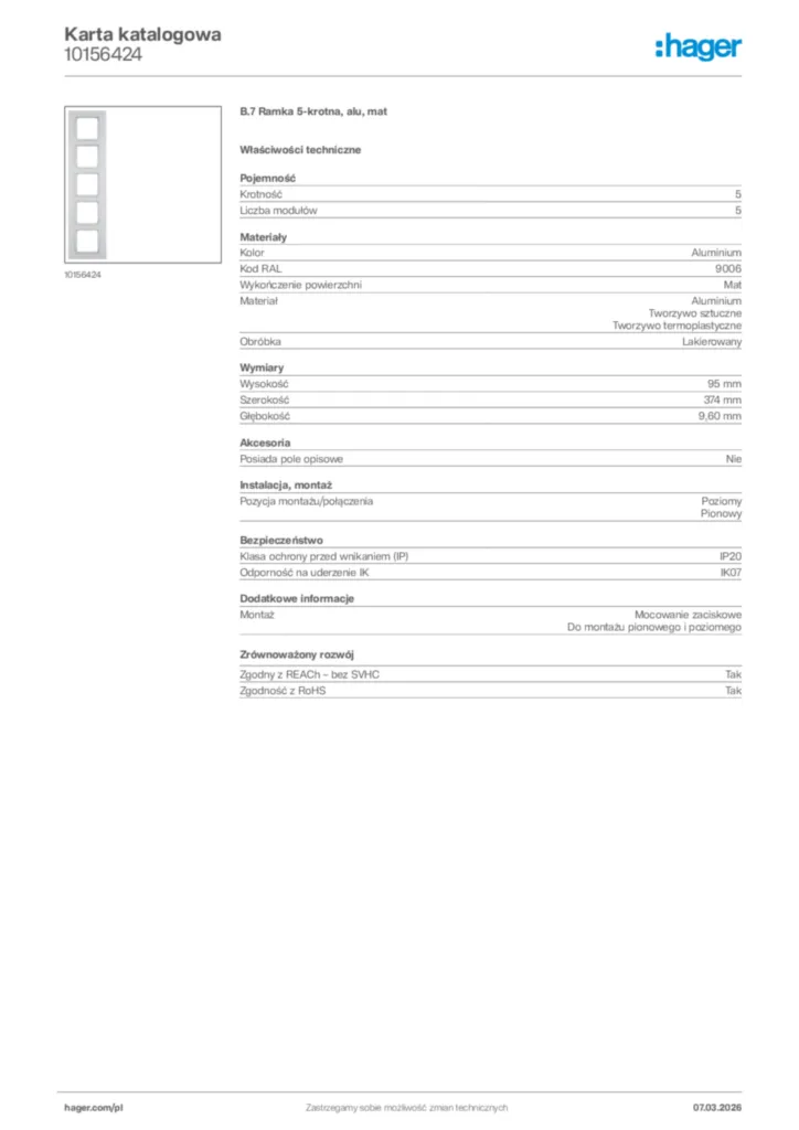 Zdjęcie Hager Karta katalogowa 10156424 | Hager Polska