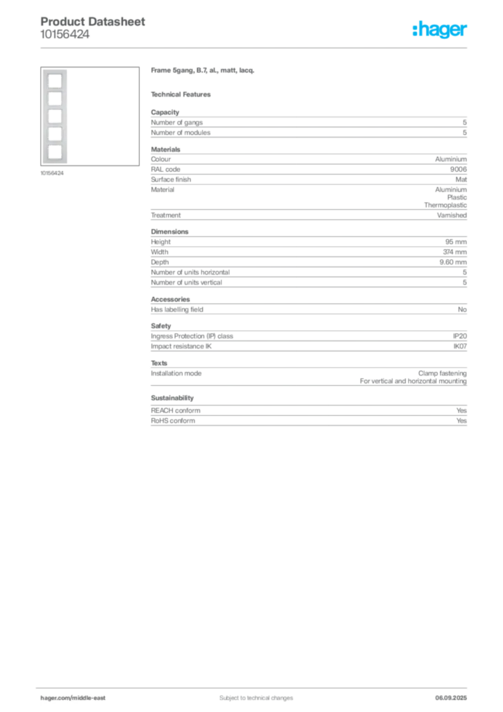 Image Hager Product data sheet 10156424  | Hager