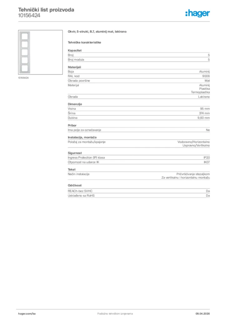 Slika Hager Tehnički list proizvoda 10156424  | Hager