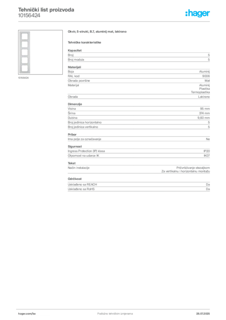 Slika Hager Product data sheet 10156424  | Hager