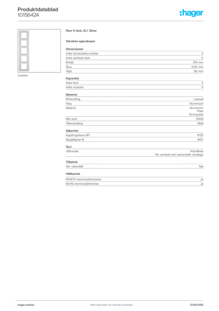 Bild Hager Produktdatablad 10156424 | Hager Sverige