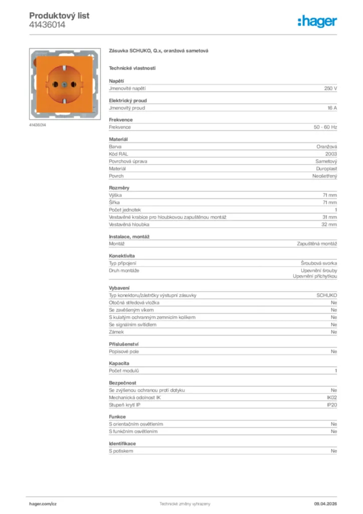 Obrázek Hager Product data sheet 41436014 | Hager