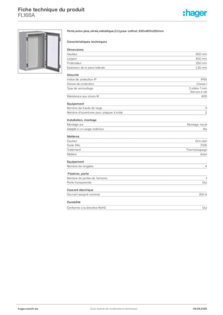 Image Hager Fiche technique du produit FL168A | Hager Belgique