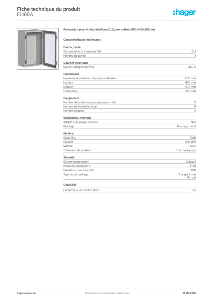 Image Hager Fiche technique du produit FL168A | Hager Suisse