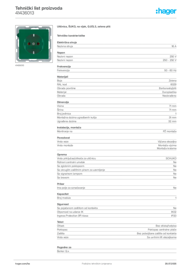 Slika Hager Product data sheet 41436013  | Hager