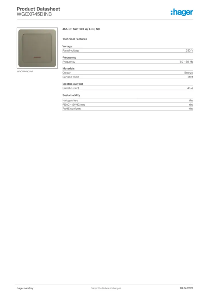 Image Hager Product data sheet WGCXR45D1NB  | Hager