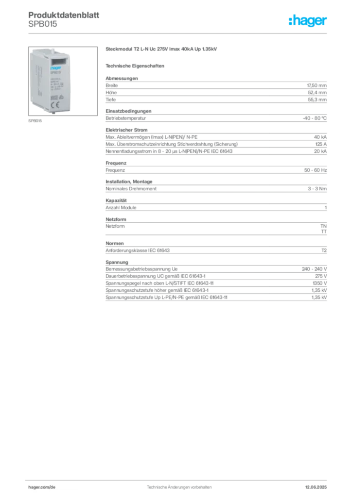 Bild Hager Produktdatenblatt SPB015 | Hager Deutschland