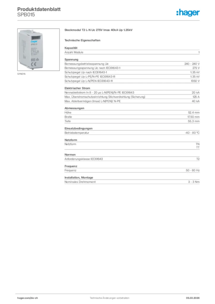 Bild Hager Produktdatenblatt SPB015 | Hager Schweiz