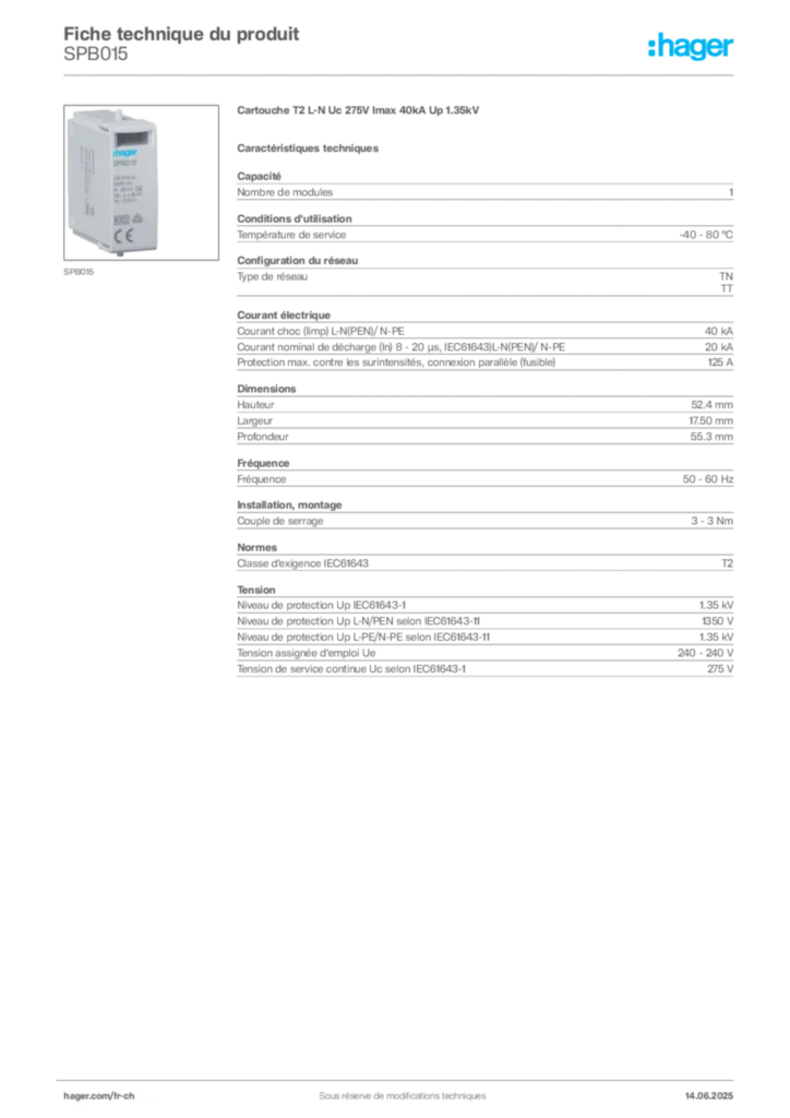 Image Hager Fiche technique du produit SPB015 | Hager Suisse