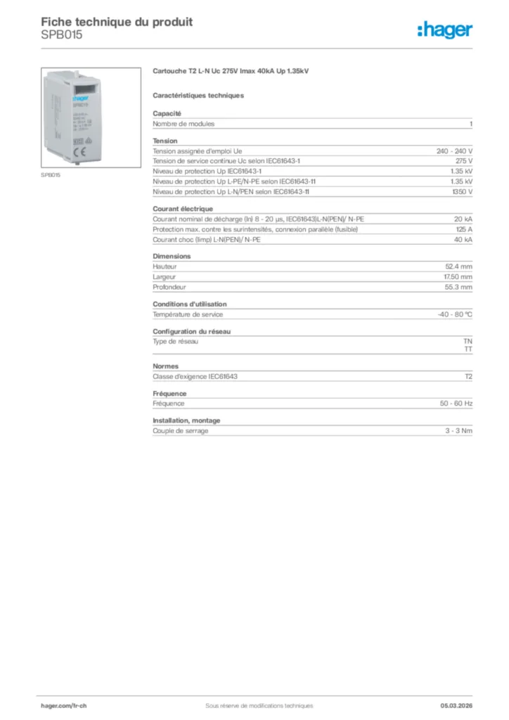 Image Hager Fiche technique du produit SPB015 | Hager Suisse