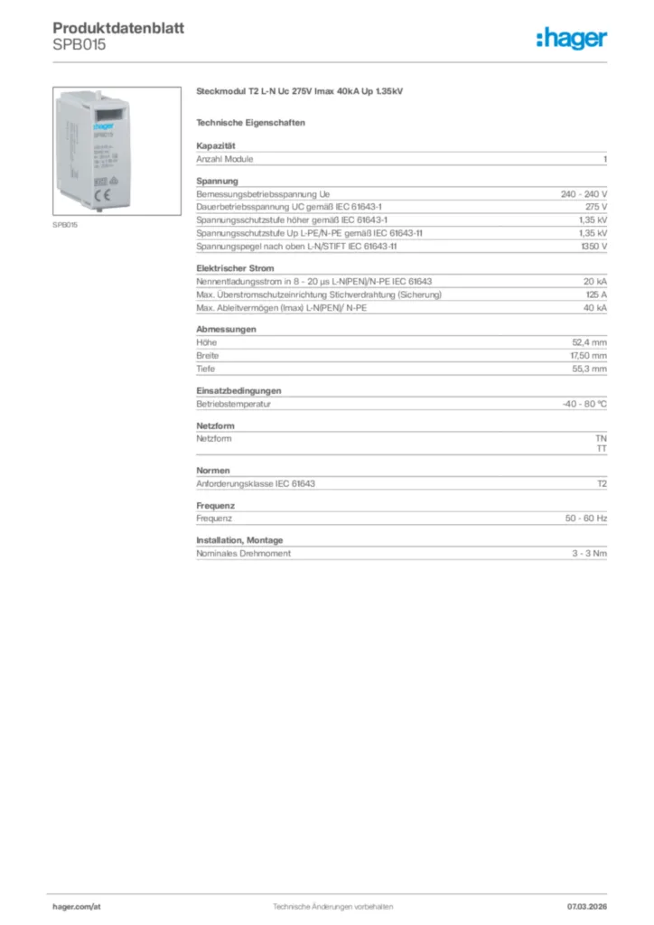 Bild Hager Produktdatenblatt SPB015 | Hager Deutschland