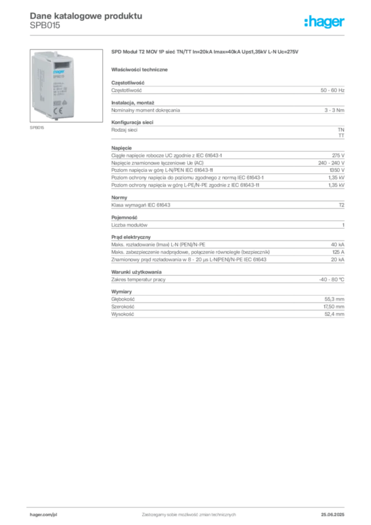 Zdjęcie Hager Dane katalogowe produktu SPB015 | Hager Polska