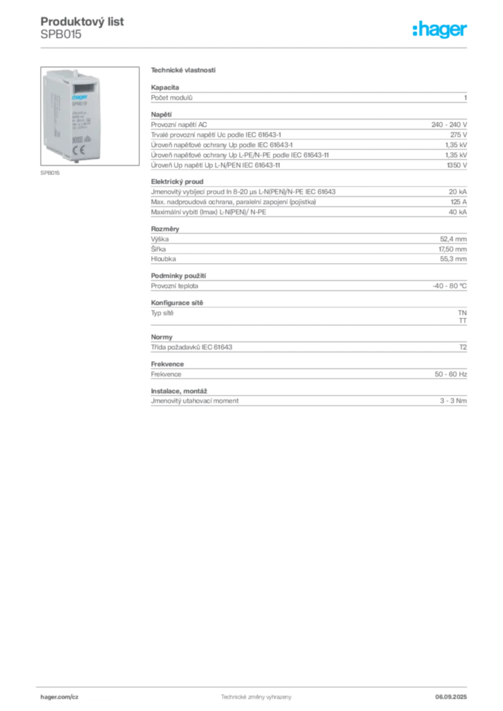 Obrázek Hager Produktový list SPB015 | Hager