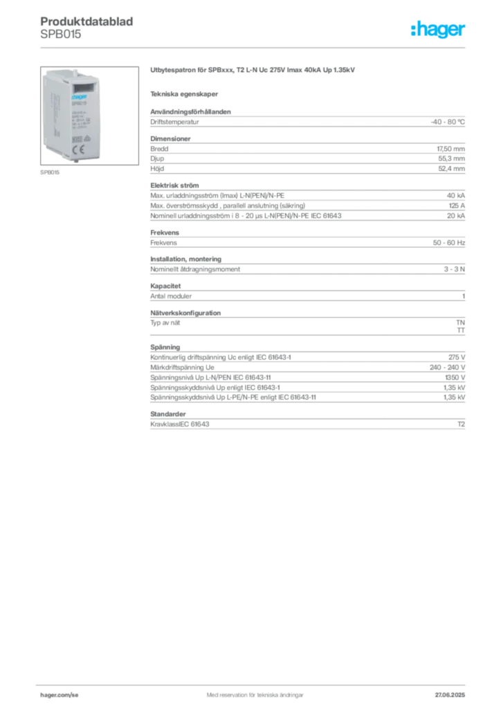 Bild Hager Produktdatablad SPB015 | Hager Sverige