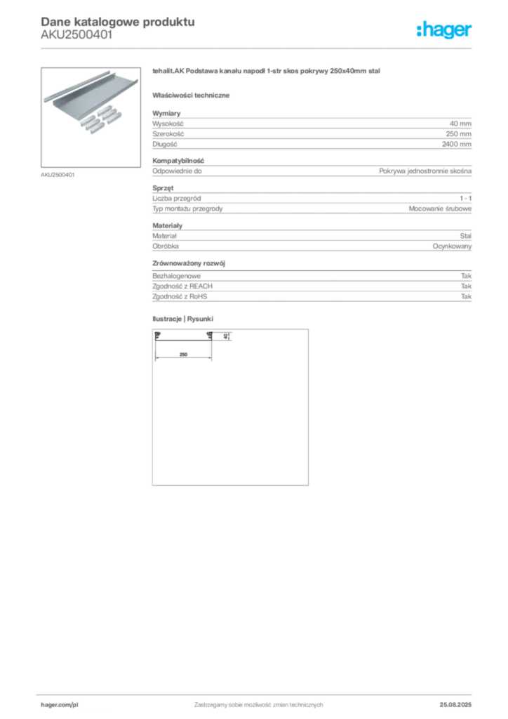 Zdjęcie Hager Dane katalogowe produktu AKU2500401 | Hager Polska
