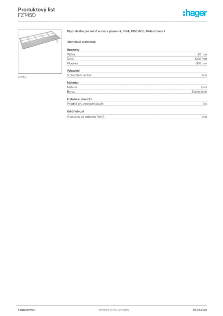 Obrázek Hager Produktový list FZ745D | Hager