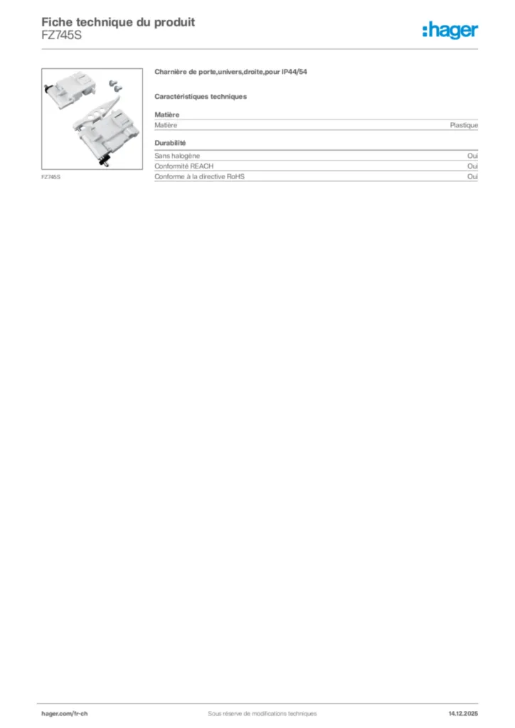 Image Hager Fiche technique du produit FZ745S | Hager Suisse