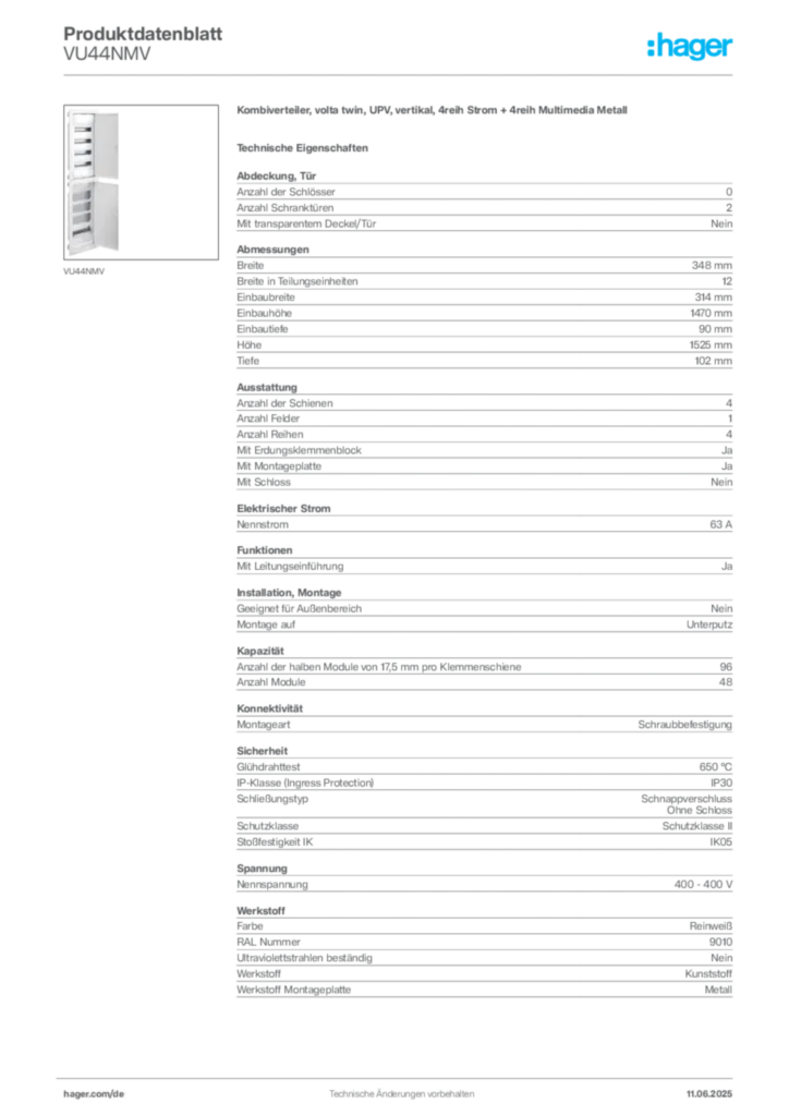 Bild Hager Produktdatenblatt VU44NMV | Hager Deutschland
