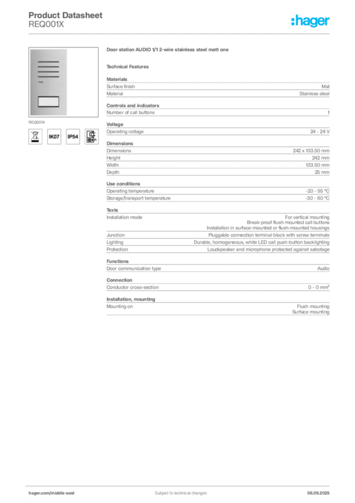 Image Hager Product data sheet REQ001X  | Hager