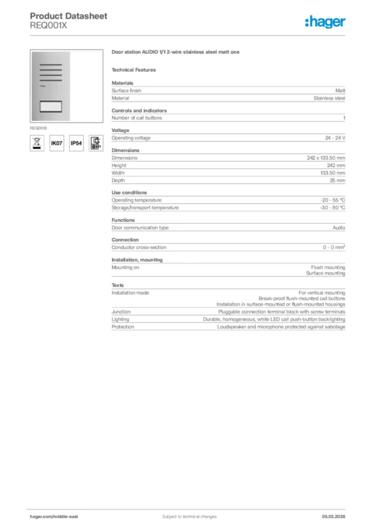 Image Hager Product data sheet REQ001X  | Hager