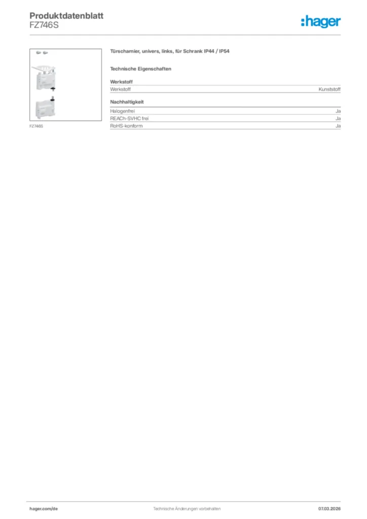 Bild Hager Produktdatenblatt FZ746S | Hager Deutschland