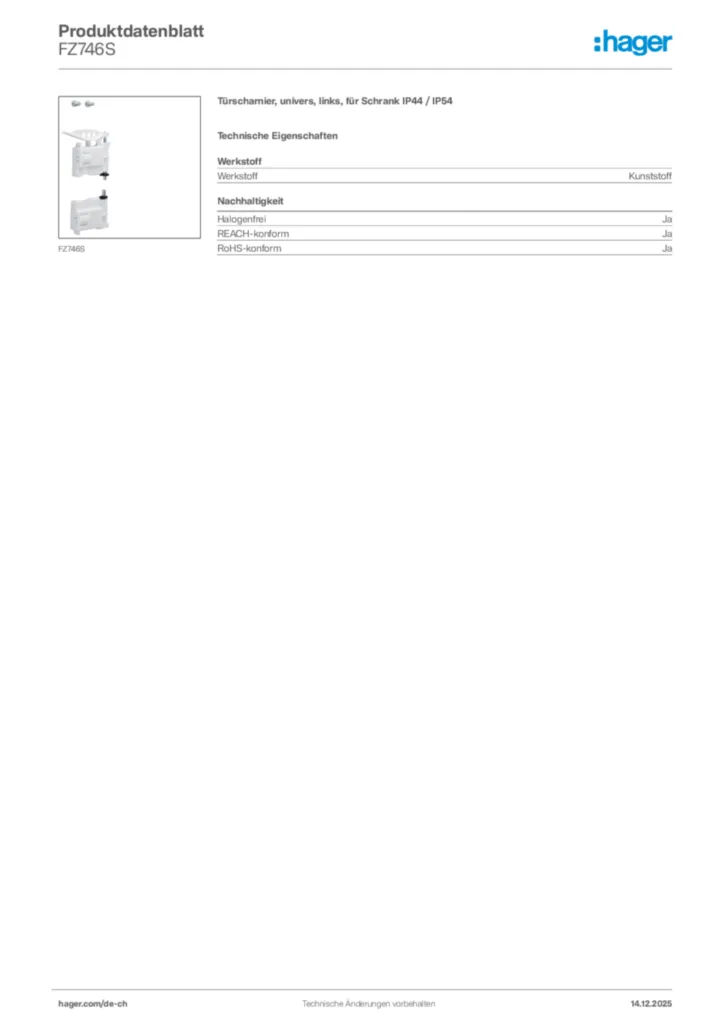 Bild Hager Produktdatenblatt FZ746S | Hager Schweiz