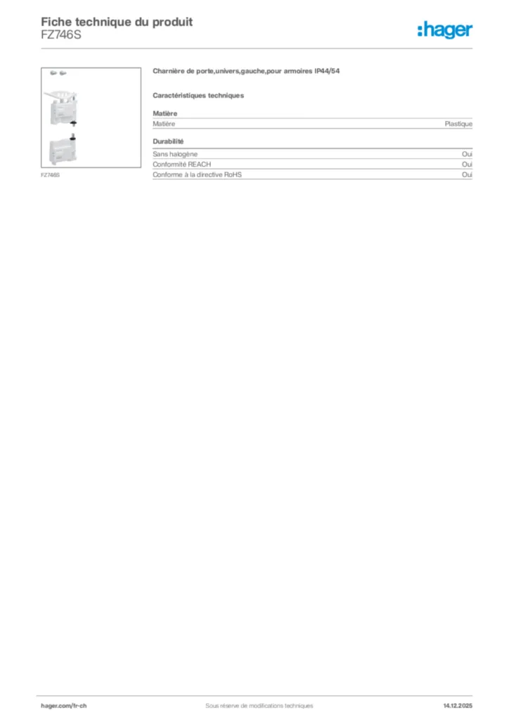 Image Hager Fiche technique du produit FZ746S | Hager Suisse