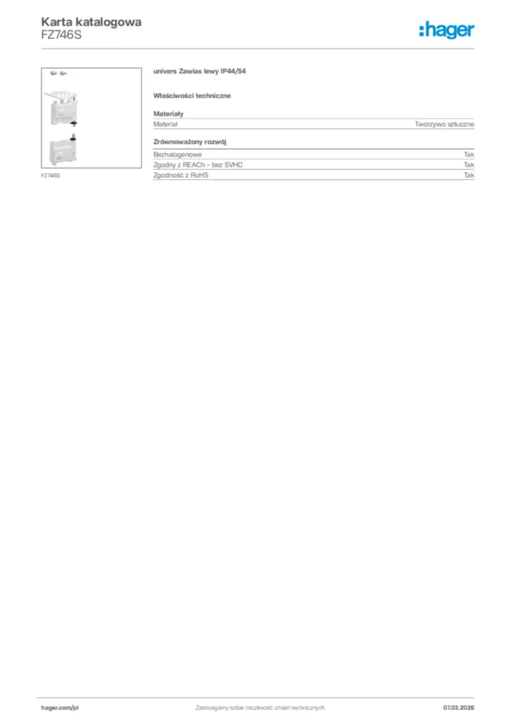 Zdjęcie Hager Karta katalogowa FZ746S | Hager Polska