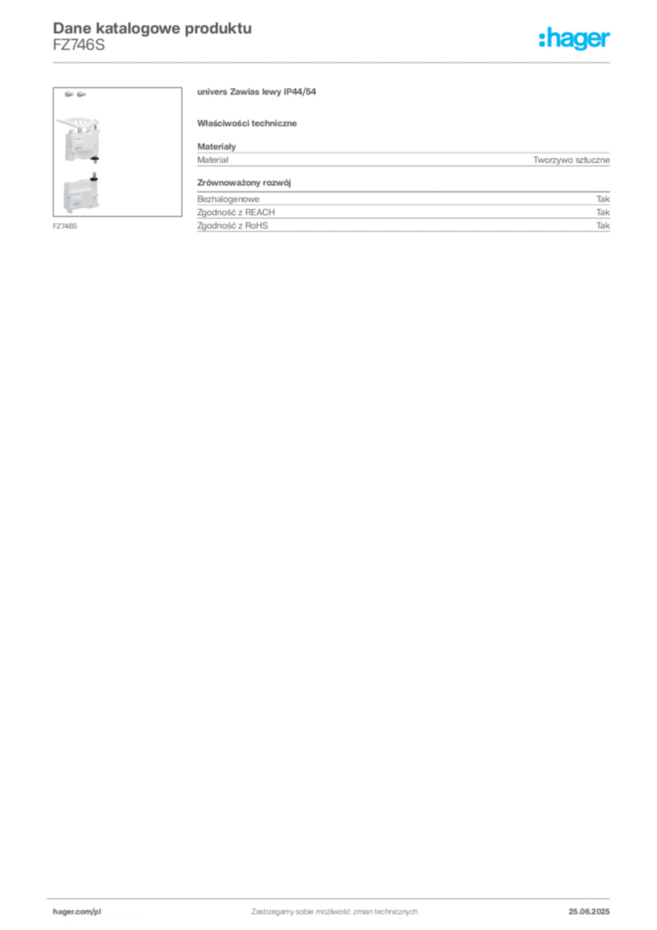 Zdjęcie Hager Dane katalogowe produktu FZ746S | Hager Polska