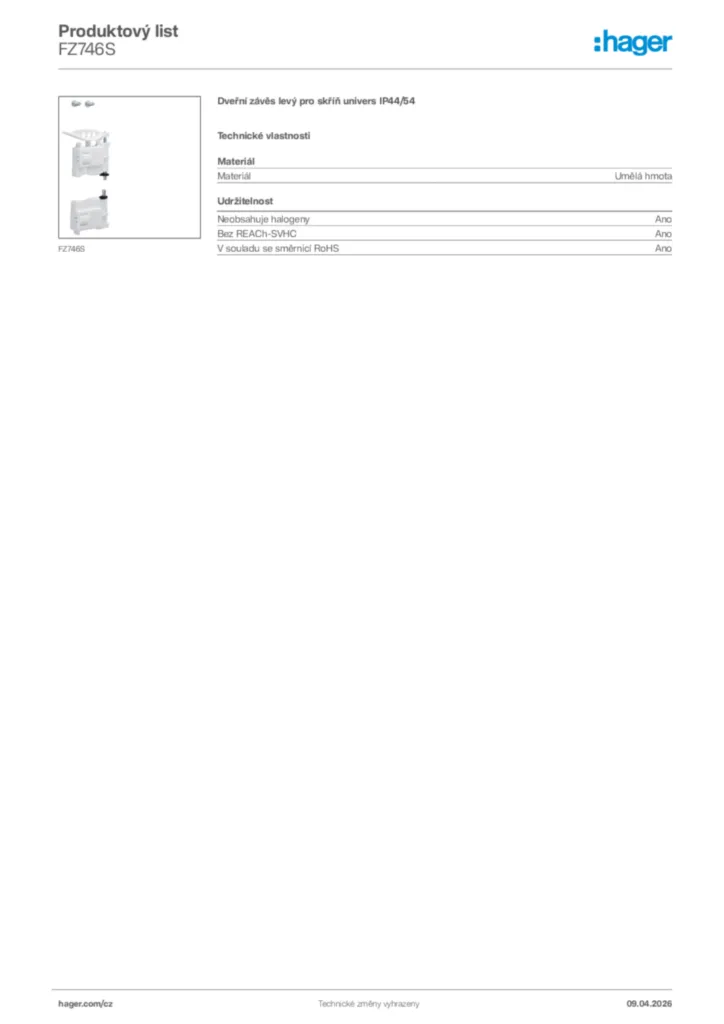 Obrázek Hager Product data sheet FZ746S | Hager