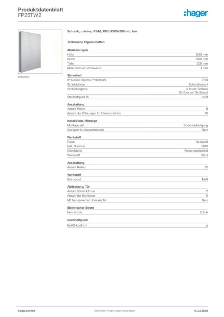 Bild Hager Produktdatenblatt FP25TW2 | Hager Deutschland