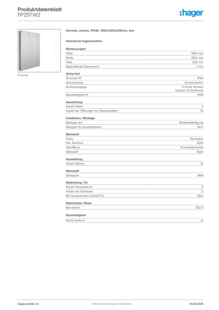 Bild Hager Produktdatenblatt FP25TW2 | Hager Schweiz