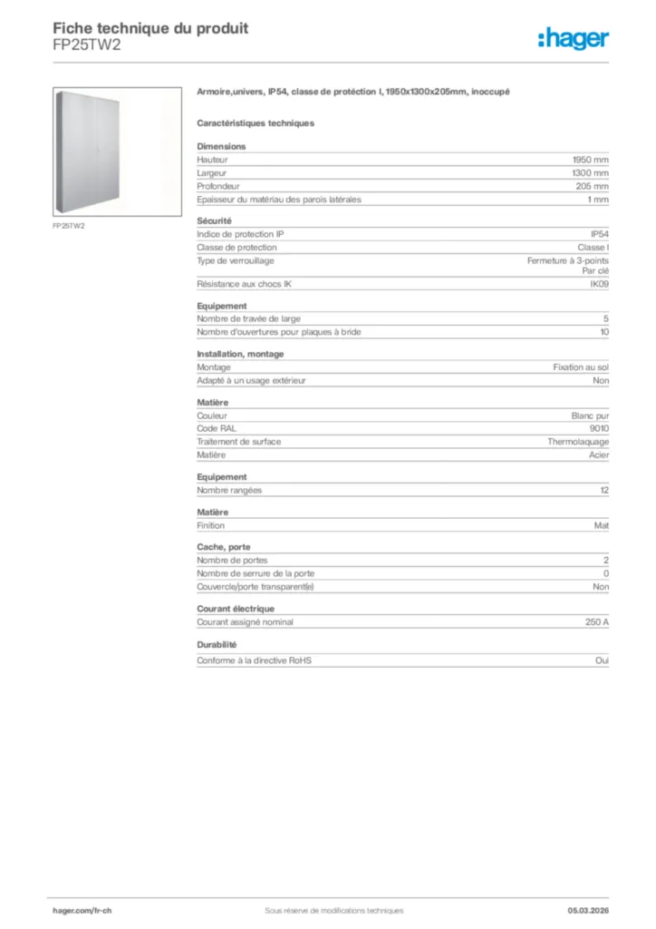 Image Hager Fiche technique du produit FP25TW2 | Hager Suisse
