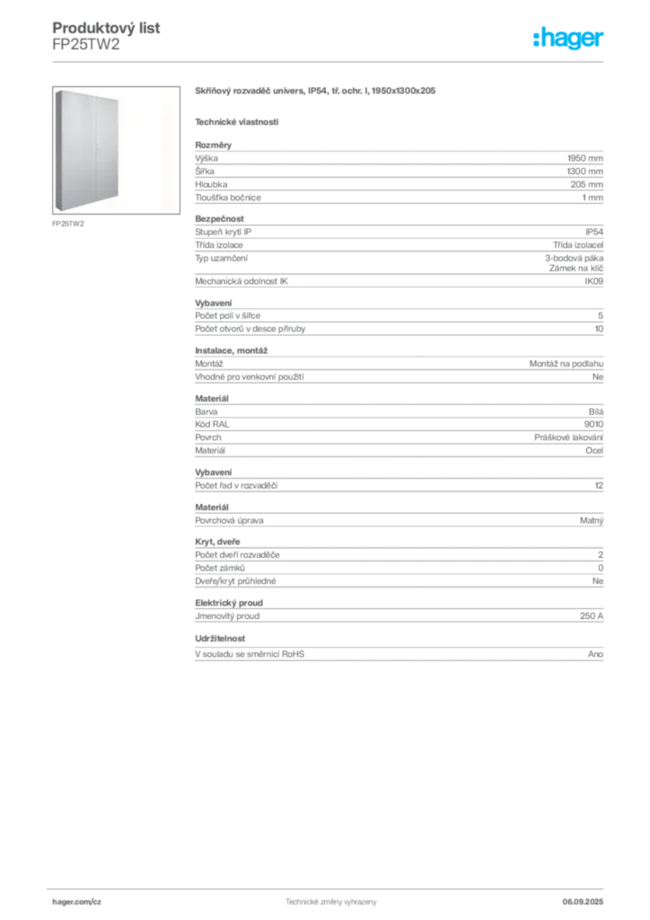 Obrázek Hager Produktový list FP25TW2 | Hager