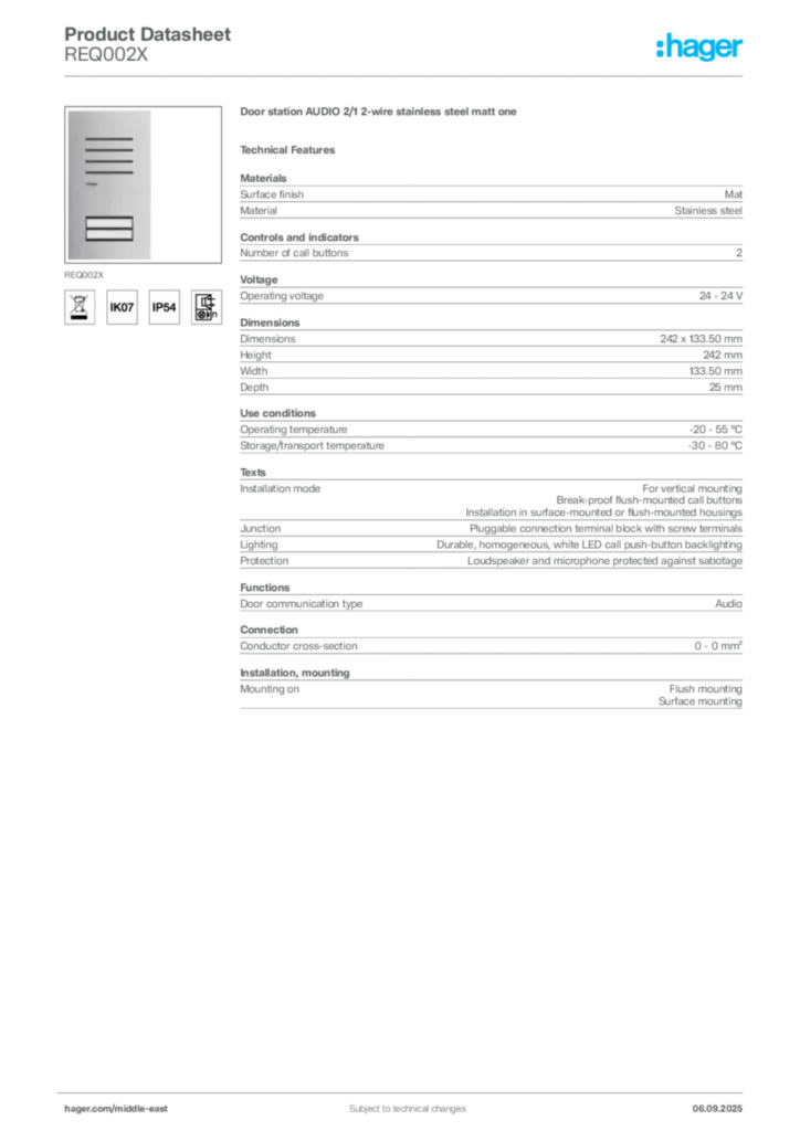 Image Hager Product data sheet REQ002X  | Hager