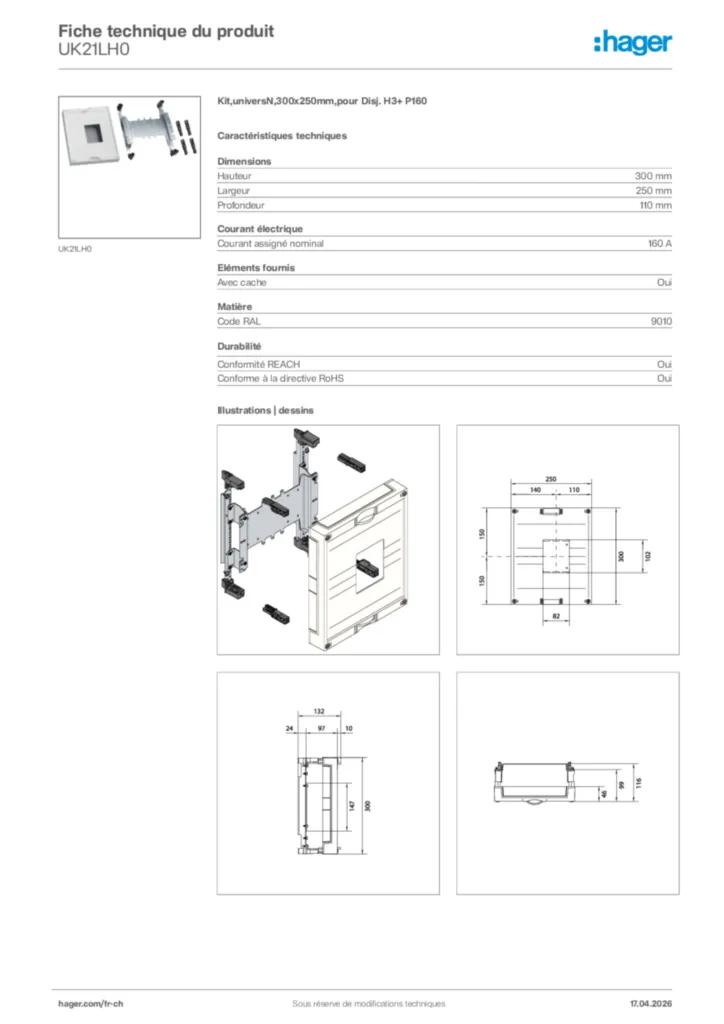 Image Hager Fiche technique du produit UK21LH0 | Hager Suisse