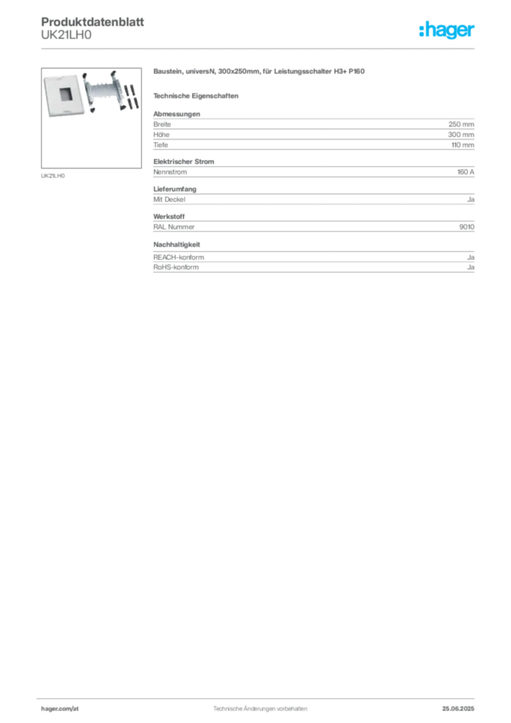 Bild Hager Produktdatenblatt UK21LH0 | Hager Deutschland