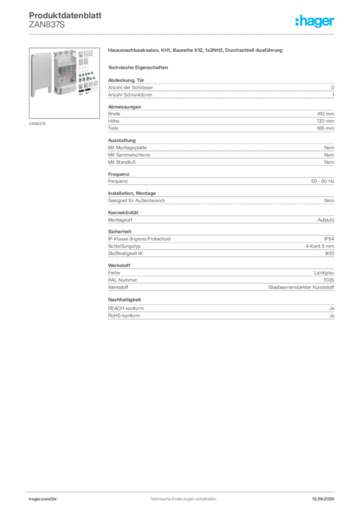 Bild Hager Produktdatenblatt ZAN837S | Hager Deutschland