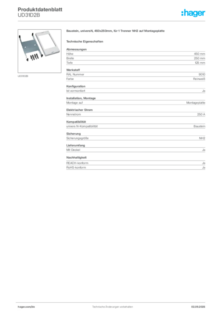 Bild Hager Produktdatenblatt UD31D2B | Hager Deutschland