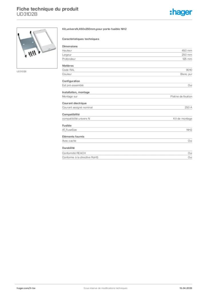 Image Hager Fiche technique du produit UD31D2B | Hager Belgique
