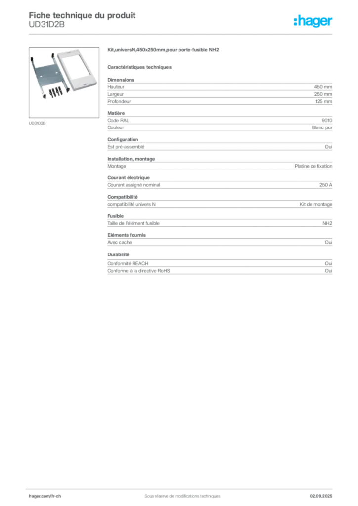 Image Hager Fiche technique du produit UD31D2B | Hager Suisse