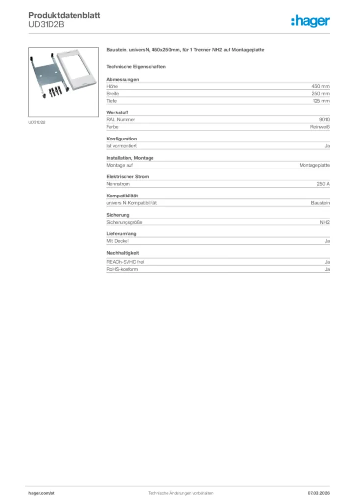 Bild Hager Produktdatenblatt UD31D2B | Hager Deutschland
