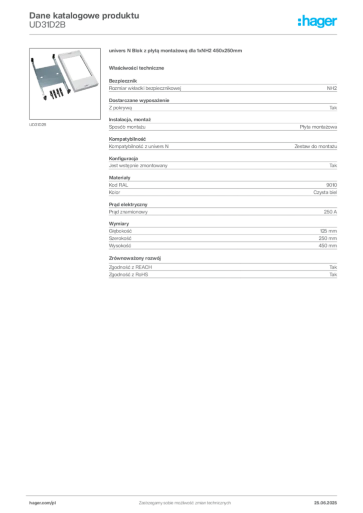 Zdjęcie Hager Dane katalogowe produktu UD31D2B | Hager Polska