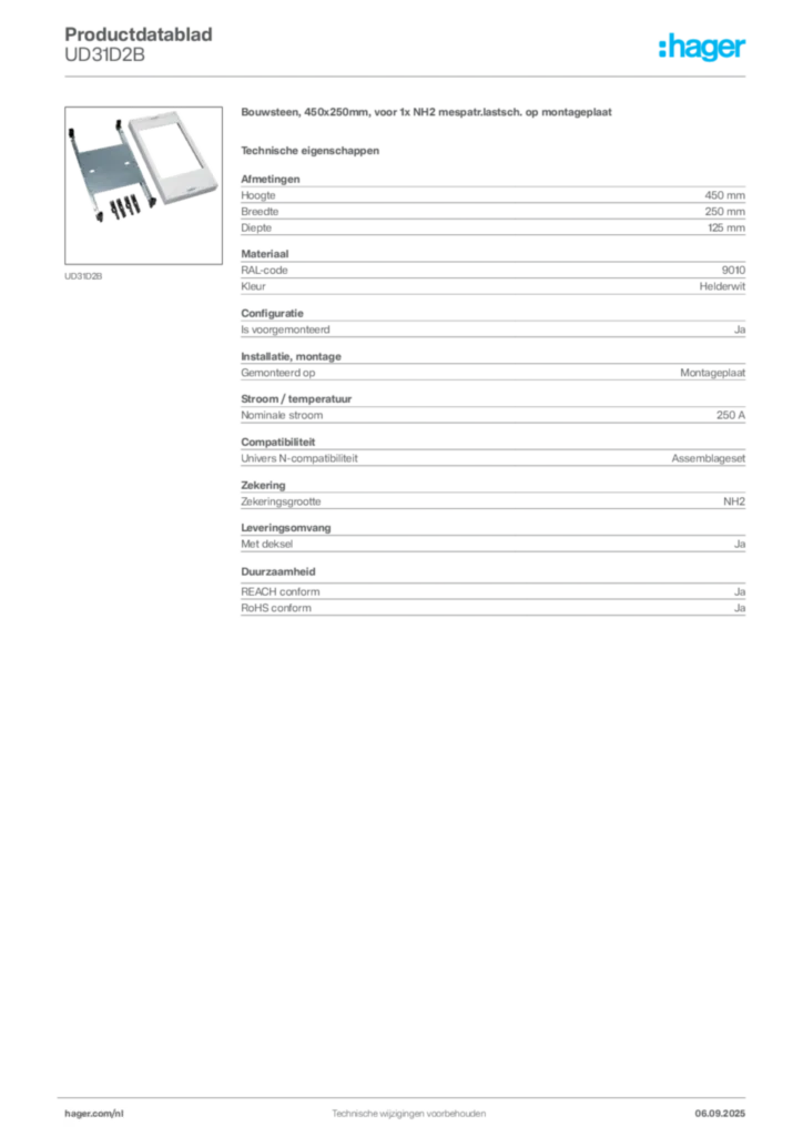 Afbeelding Hager Productdatablad UD31D2B | Hager Nederland