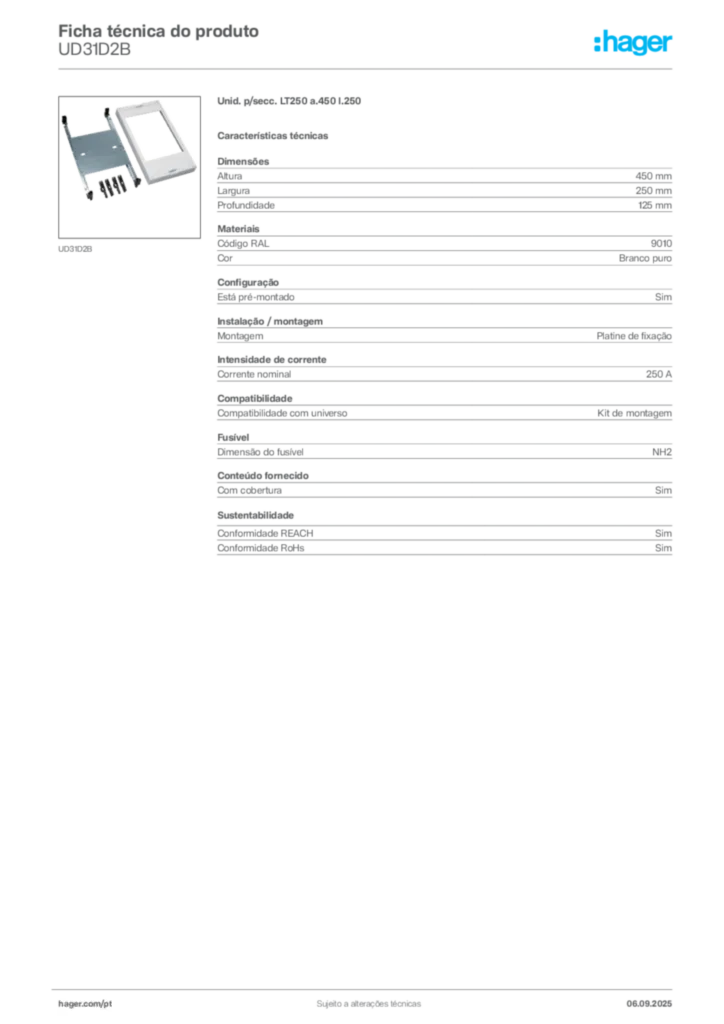 Imagem Hager Ficha técnica do produto UD31D2B | Hager Portugal