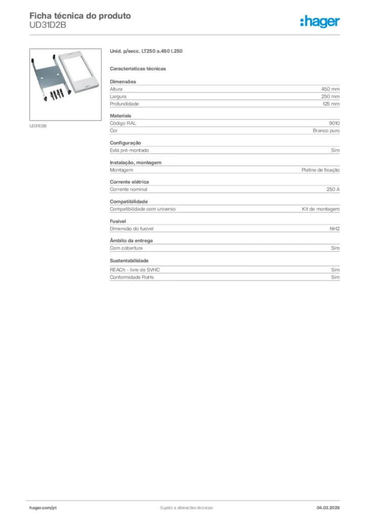 Imagem Hager Ficha técnica do produto UD31D2B | Hager Portugal