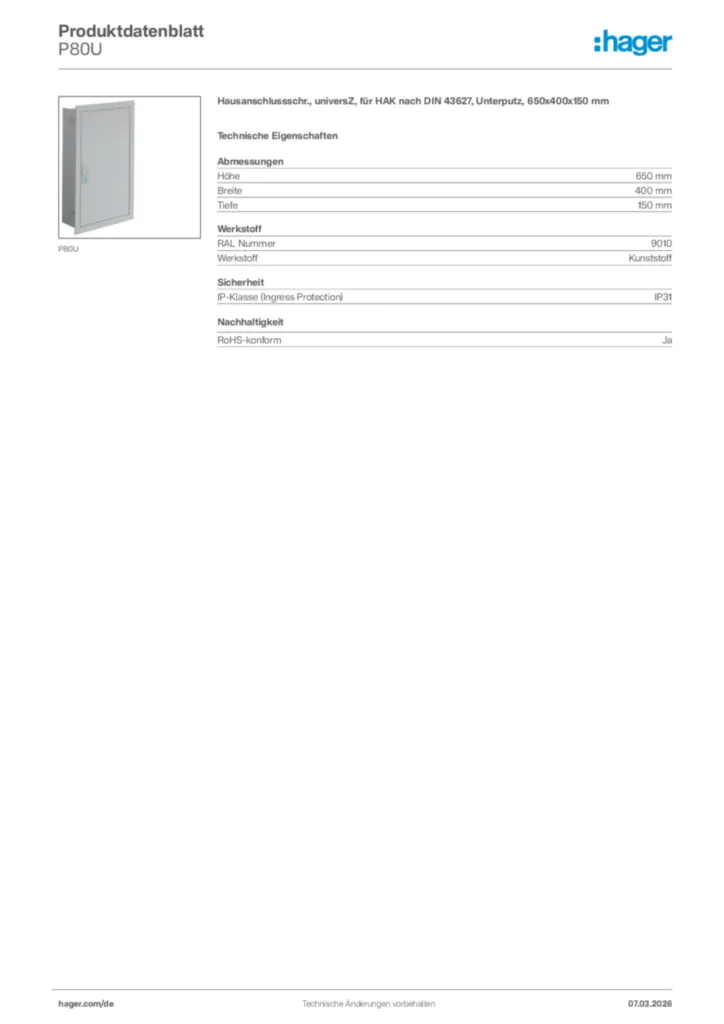 Bild Hager Produktdatenblatt P80U | Hager Deutschland